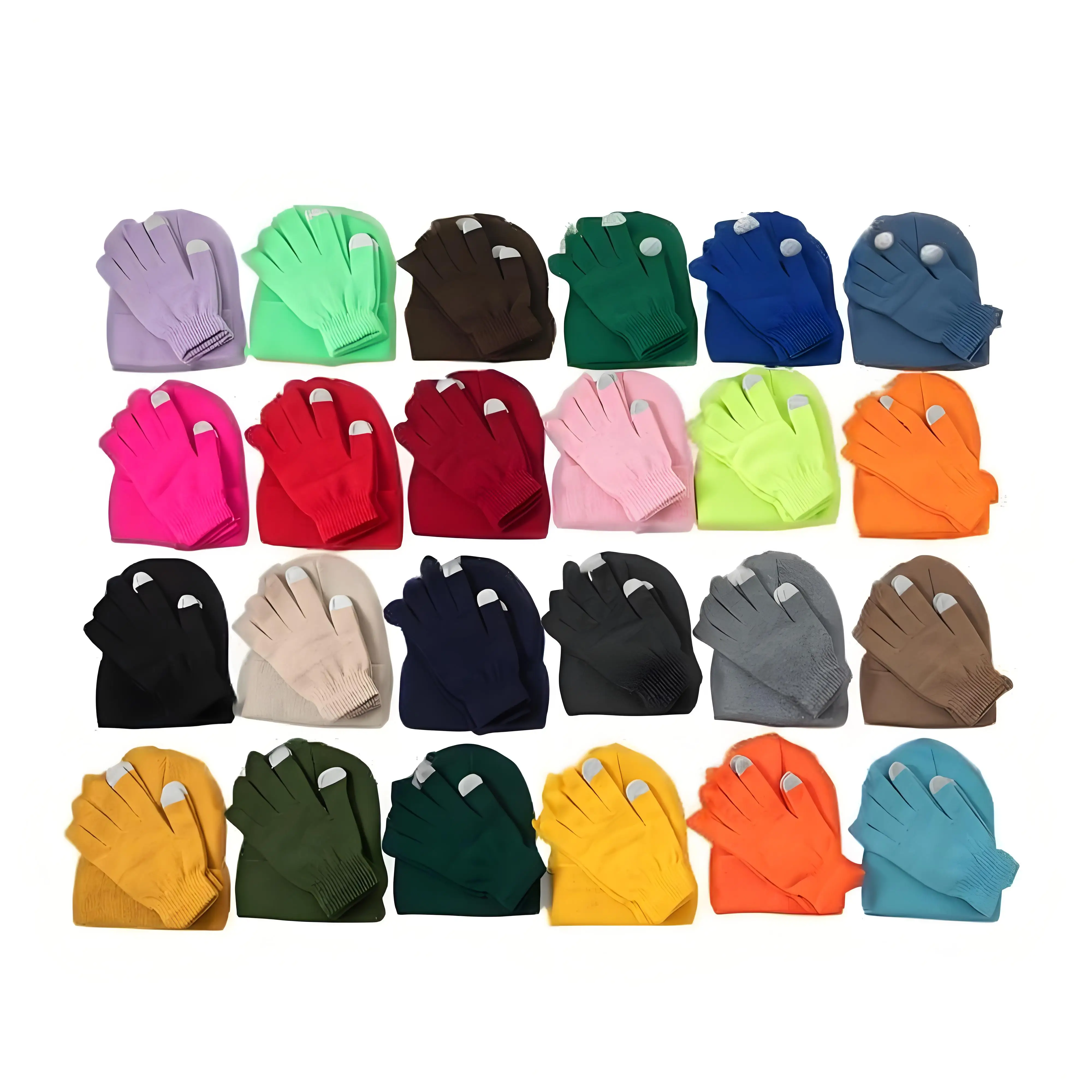 Minimalist multi-color optional touchscreen gloves and same color woolen hat set, comfortable and warm in autumn and winter