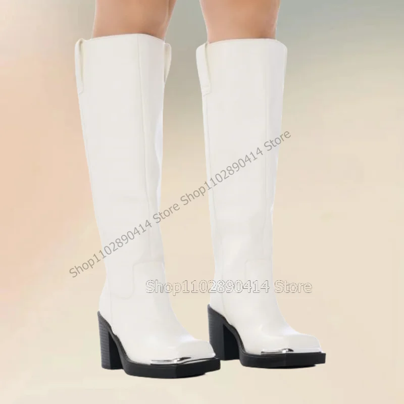

Metal Decor White Sewing Design Knee High Boots Slip On Women Shoes Chunky High Heels Fashion Banquet 2025 Zapatos Para Mujere