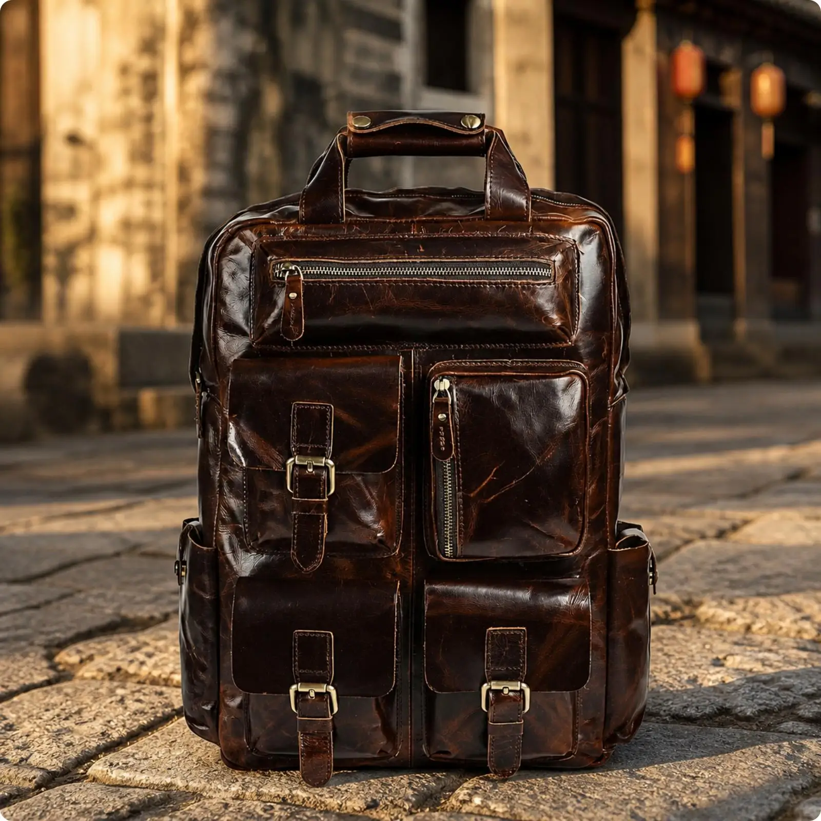 Leather Backpack with Laptop Sleeve Structured Genuine Leather Leather Backpack