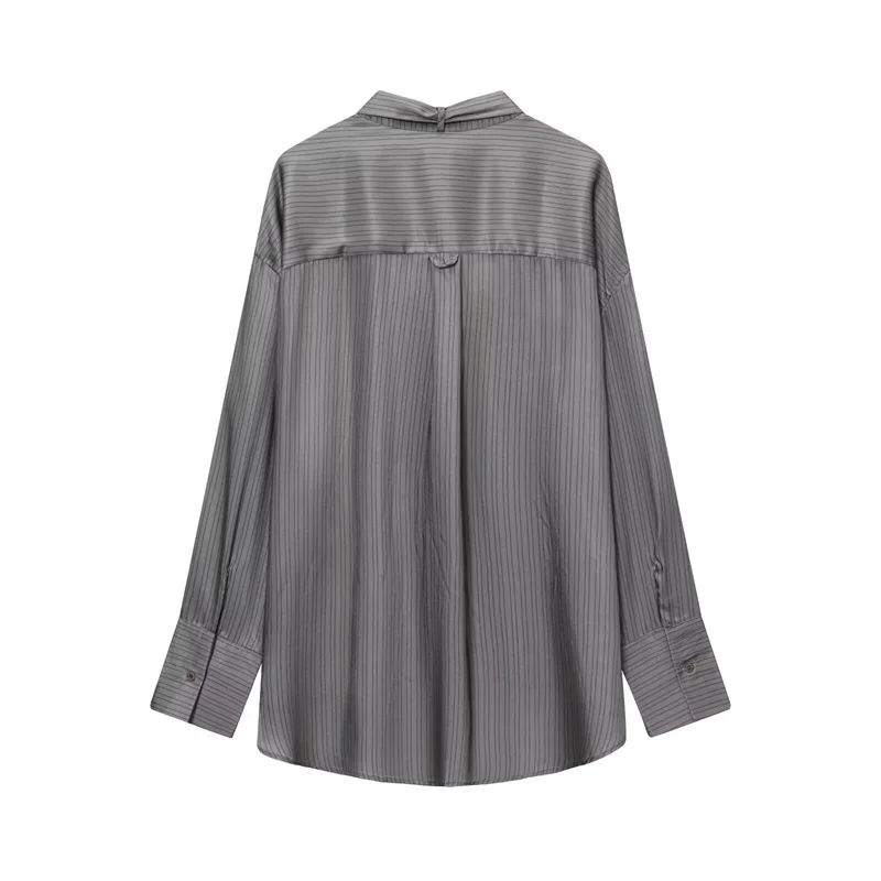 Damen-Hemd 2025, Herbst, neues grau gestreiftes Langarm-Hemd mit Taschendekor und Band, lockere Passform, lässige Mode, Freund