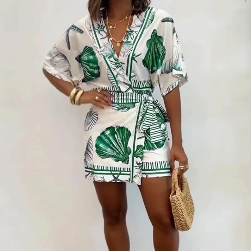 

2026 French Print Office Commute Jumpsuit Lady Vintage Waist Cinched Lace Up Playsuit New Sexy V-neck Short Sleeved Mini Romper