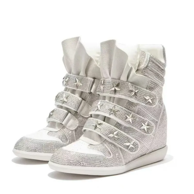 Fashion Women Hidden Wedge Sneakers Rhinestone Star Stud Hook Loop High Top Platform Casual Walking Shoes Ladies Sport Footwear