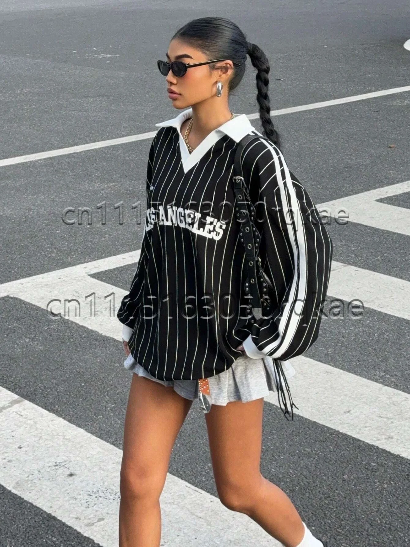 Autumn Los Angles Design Pattern Prined Summer Women's Fit Double Layer V-Neck Drop Shoulder Long Sleeve Sweatshirt