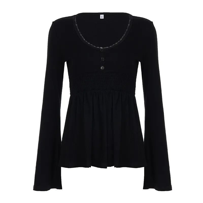 Women's Long Sleeve Blouse Lace V Neck Longsleeve Blouses Black Flared Hem Fitted Top Pink Smocked Waist Lace Trim Tops Gray - view 5