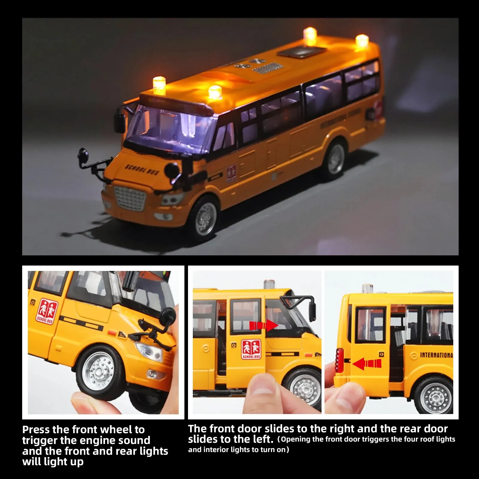 Mainan Bus sekolah 1:24, mobil Model tarik mundur Die Cast, dengan Lampu & suara, pintu dapat dibuka, kendaraan mainan logam kuning besar