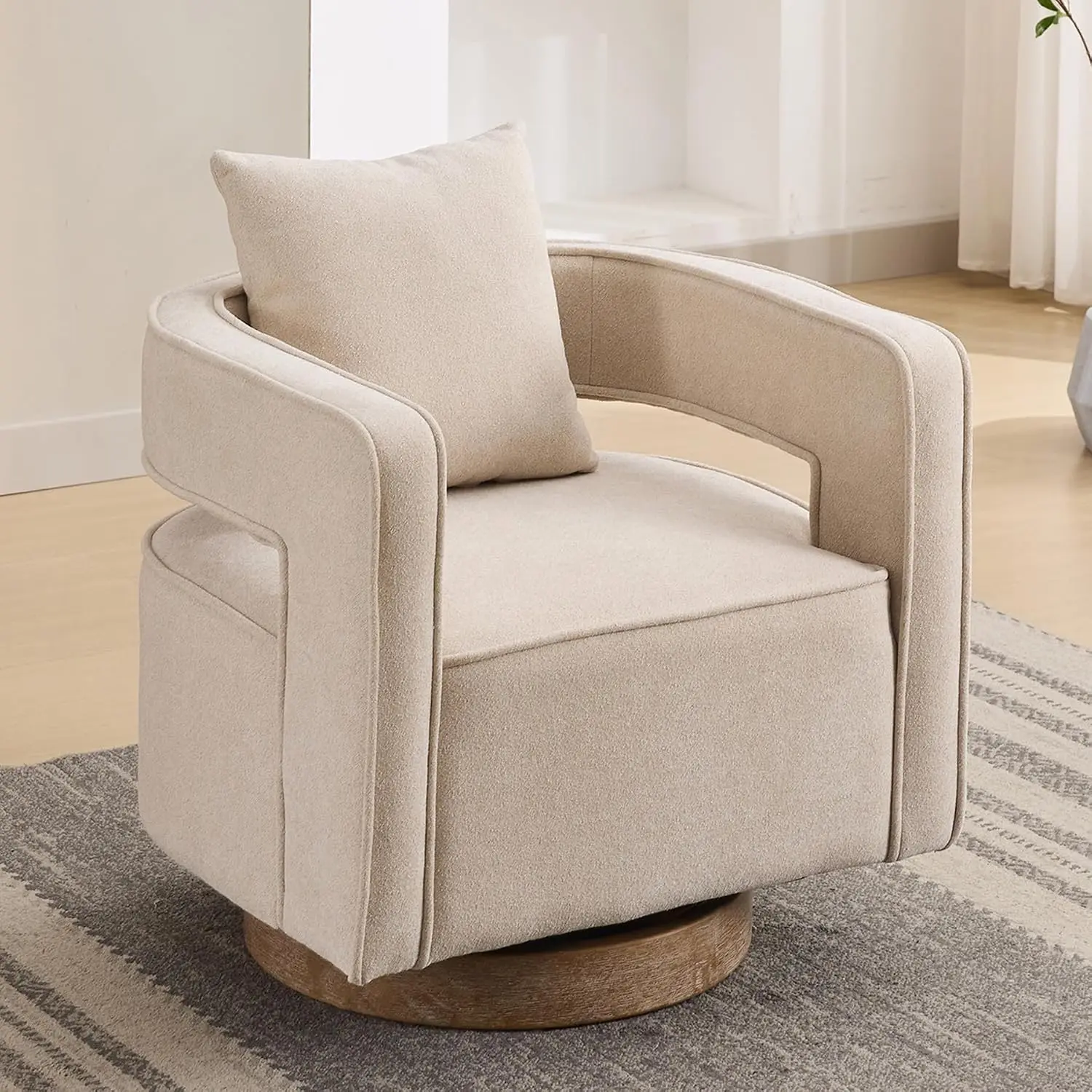 Swivel Barrel Chair, 360° Comfy Square Open Back Upholstered Armchair for Living Room Bedroom Reading, Linen Beige, Customized