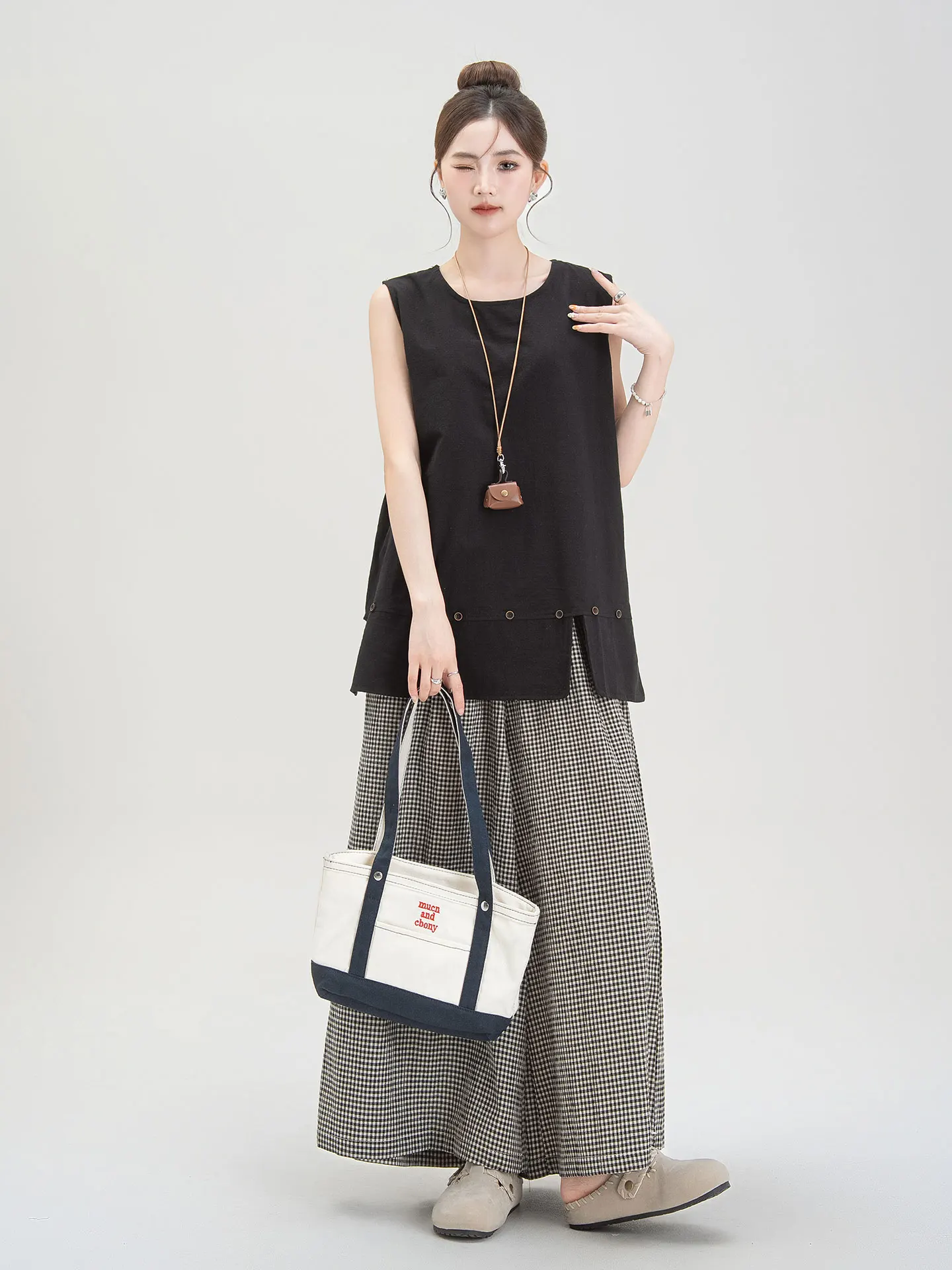 

Женский летний жилет в стиле ретро Bla round Ne Svel, новый многослойный свободный клетчатый комплект широких брюк небольшого размера, модный комплект из двух предметов...