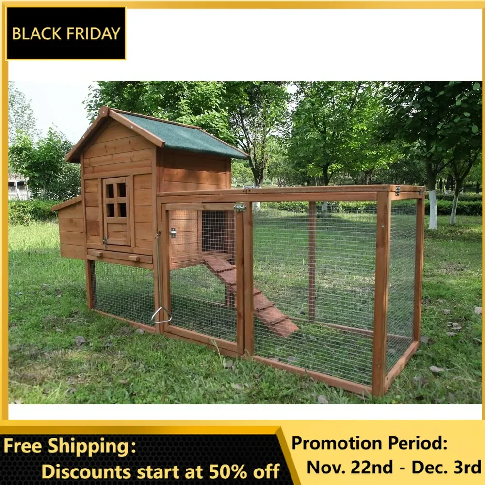 Outdoor Chicken Coop for 2-4 Chickens Wooden Hen House Poultry Pet Hutch Run Cage with Waterproof Asphalt Roof, Wire Fence (80