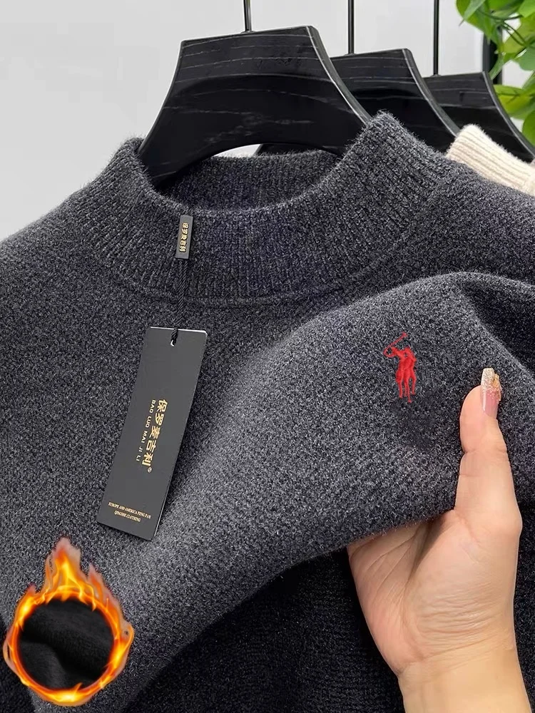 الراقية العلامة التجارية المخملية الرجال مصمم جديد أزياء رائعة المهر التطريز الشتاء سميكة الدافئة جولة الرقبة أعلى بول محبوك سترة #5