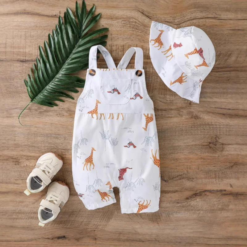 

Детские комбинезоны с принтом жирафа, комбинезон, комплекты шляп, От 0 до 24 месяцев, дизайнерская шапка на подтяжках для новорожденных, очаровательная повседневная уличная одежда для младенцев