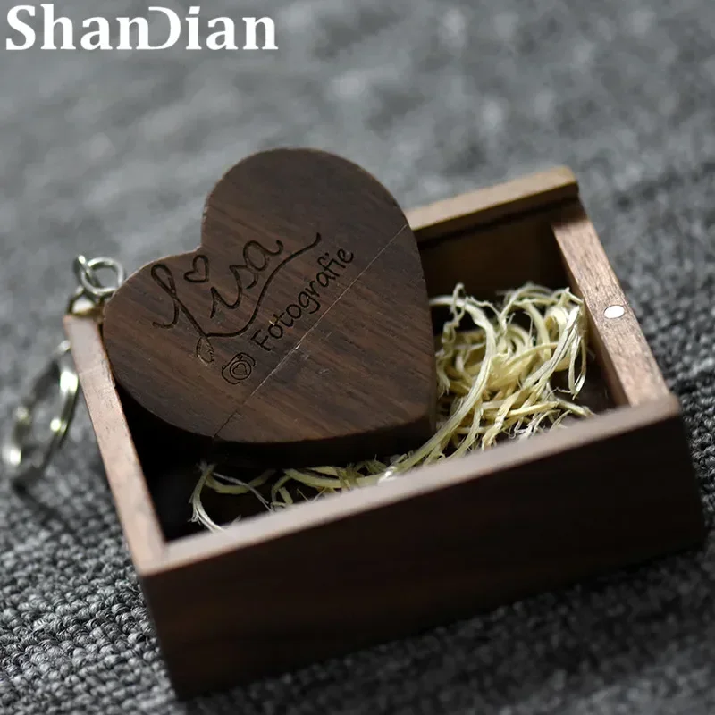 Heart Wedding Photography Gifts USB Flash Drive Free Custom Logo Wooden Pen Drive Real Capacity Memory Stick 64GB/32GB U Disk