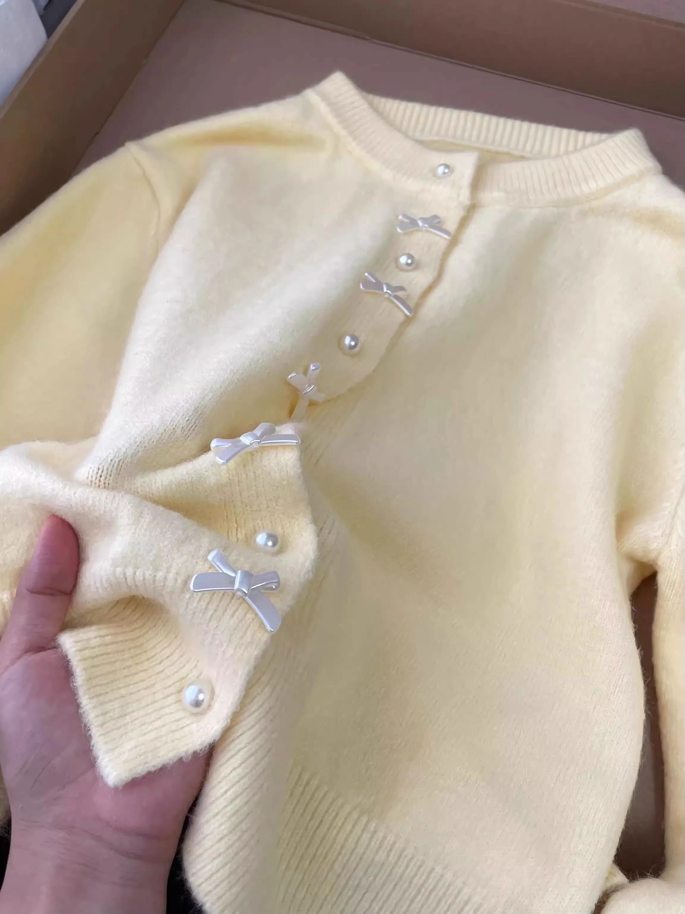 Women's Sweater Gentle Style Long Sleeve Pearl Button Top Spring Autumn New O-Neck Sweet Bow Yellow Knitted Cardigan Coat - Image 4