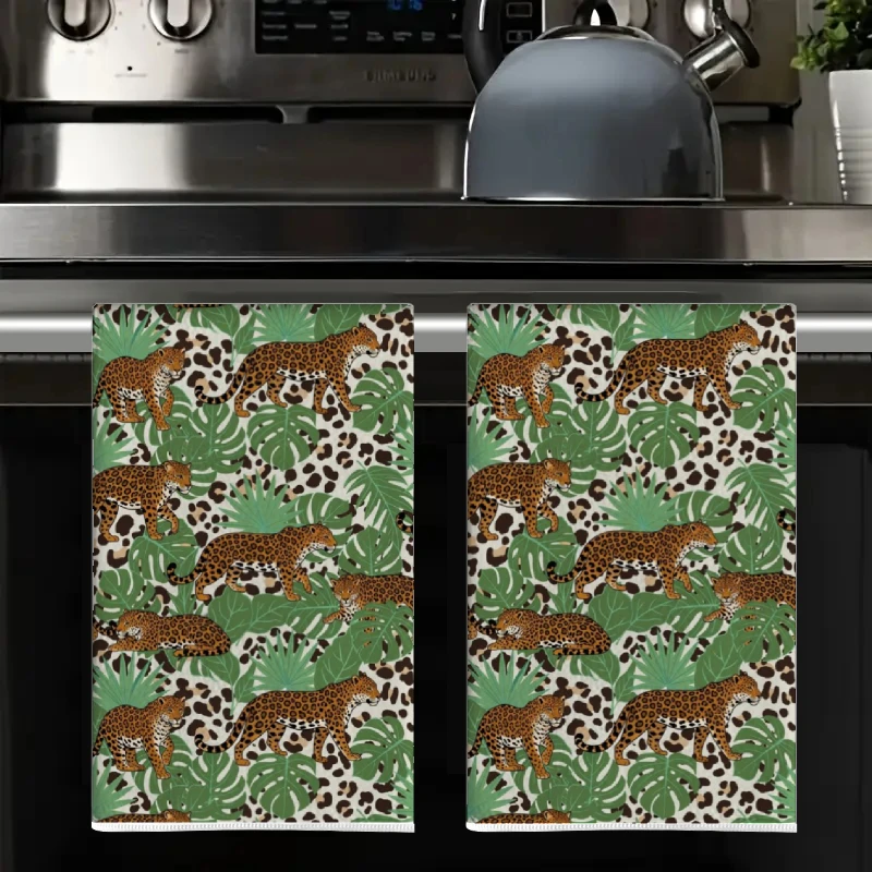 2Pcs, Green Wild Leopard Kitchen Towels, 40Cm*60Cm Towel Set, Best Kitchen Towels, Super Absorbent Soft Cleaning Cloth, Cooking and Baking Tea Towels, Hand Towels, Cleaning Cloths, Dishcloths, Kitchen Decor, Living Room Decorations, Kitchen Essentials, Home Essentials