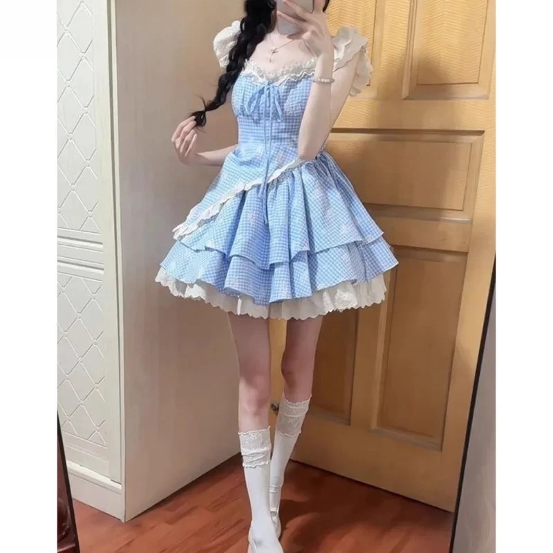 الأزرق منقوشة الدانتيل الأزهار الحمالة فستان قصير الصيف الحلو فتاة جميلة الأميرة عالية الخصر التخسيس كعكة توتو فساتين