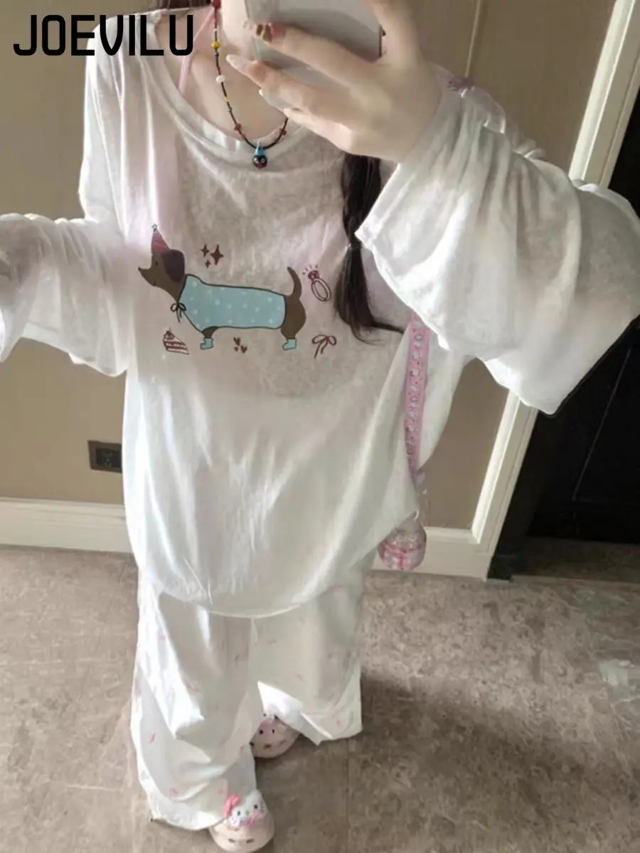 Verão feminino branco puro dachshund impressão solta magro-ajuste manga longa camiseta proteção solar cover-up doce sexy casual preguiçoso topo