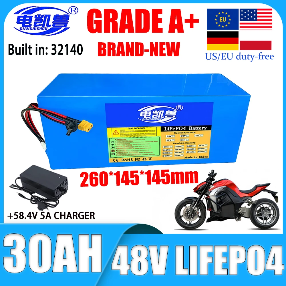 

New 48V 30ah LiFePo4 battery pack 32140 DIY built-in BMS 0-2500 motor high-power electric vehicle rechargeable battery