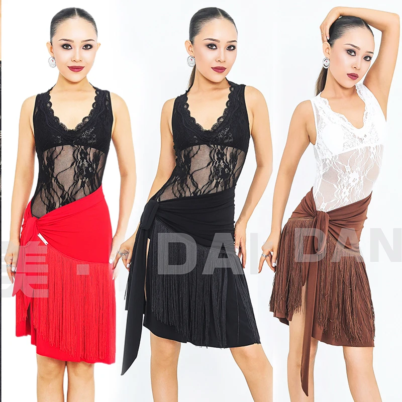 Sexy Latin Dance Clothes Lace Sleeveless Bodysuit Tassel Hip Scarf Skirt Chacha Rumba Tango Dance Practice Clothing Adult SS2800
