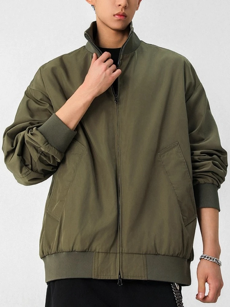 

Армейско-зеленая повседневная куртка с воротником-стойкой, мужская весенне-осенняя американская модная свободная куртка-бомбер с длинным рукавом, чистое пальто