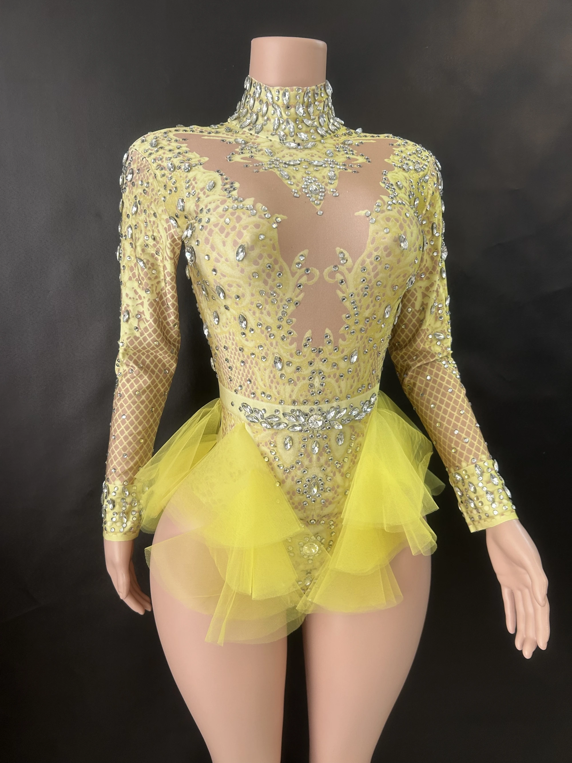 Strass cintilante mulheres elasticidade bodysuit, malha babados, cristal leotard, boate bailarina fantasia, desgaste do palco, roupa de festa, rosa,