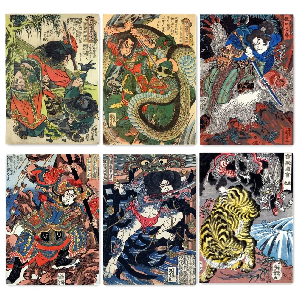 Water Margin Ukiyoe Samurai Tattoo Poster Wall Art Vintage Matte Kraft Paper Print Painting Retro Antique Art Work Home Decor F6