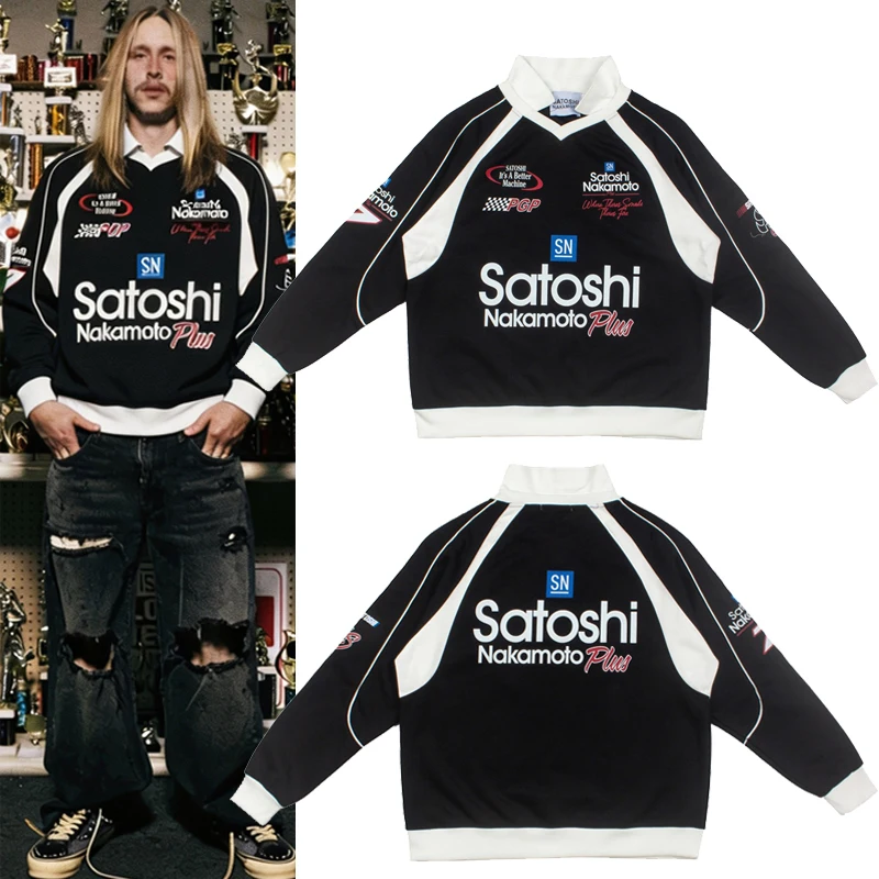 American Style High Street Men Women Loose Satoshi Nakamoto Tops V-neck Stand Up Collar Fashion Printed Long Sleeved Pullover