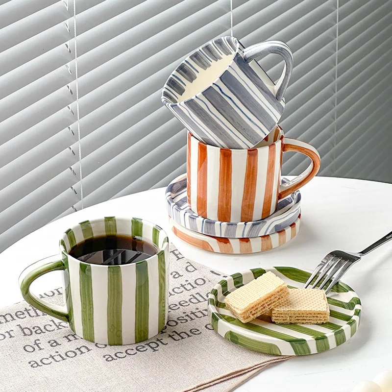 

300ml European Ceramic Striped Coffee Mug Butterfly Simple Retro Water Cup English Afternoon Tea Flower Tea Coffee Cup Milk Mug