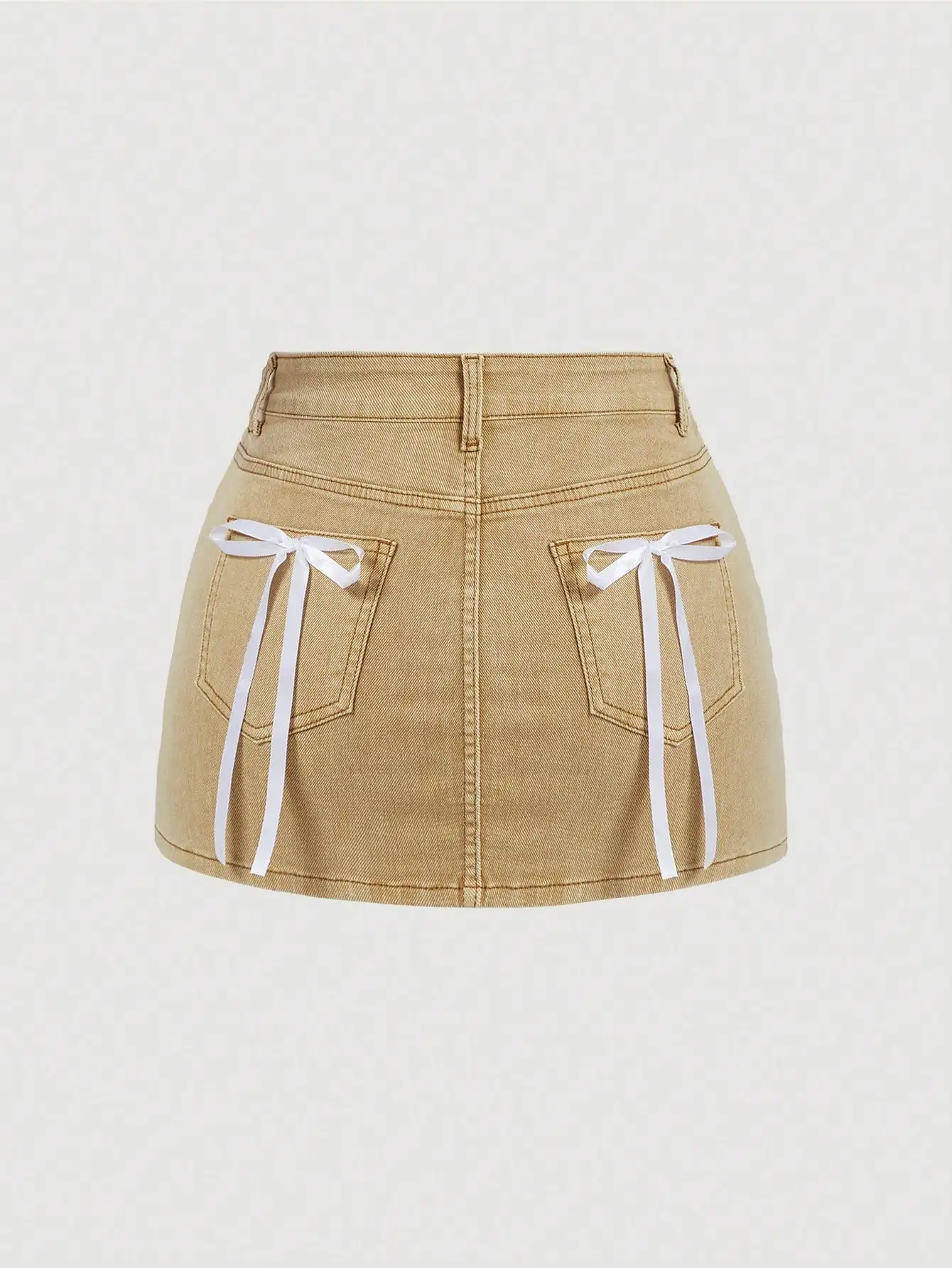 Women's High-Waisted Denim Mini Skirt with Ribbon-Tie Back Pockets