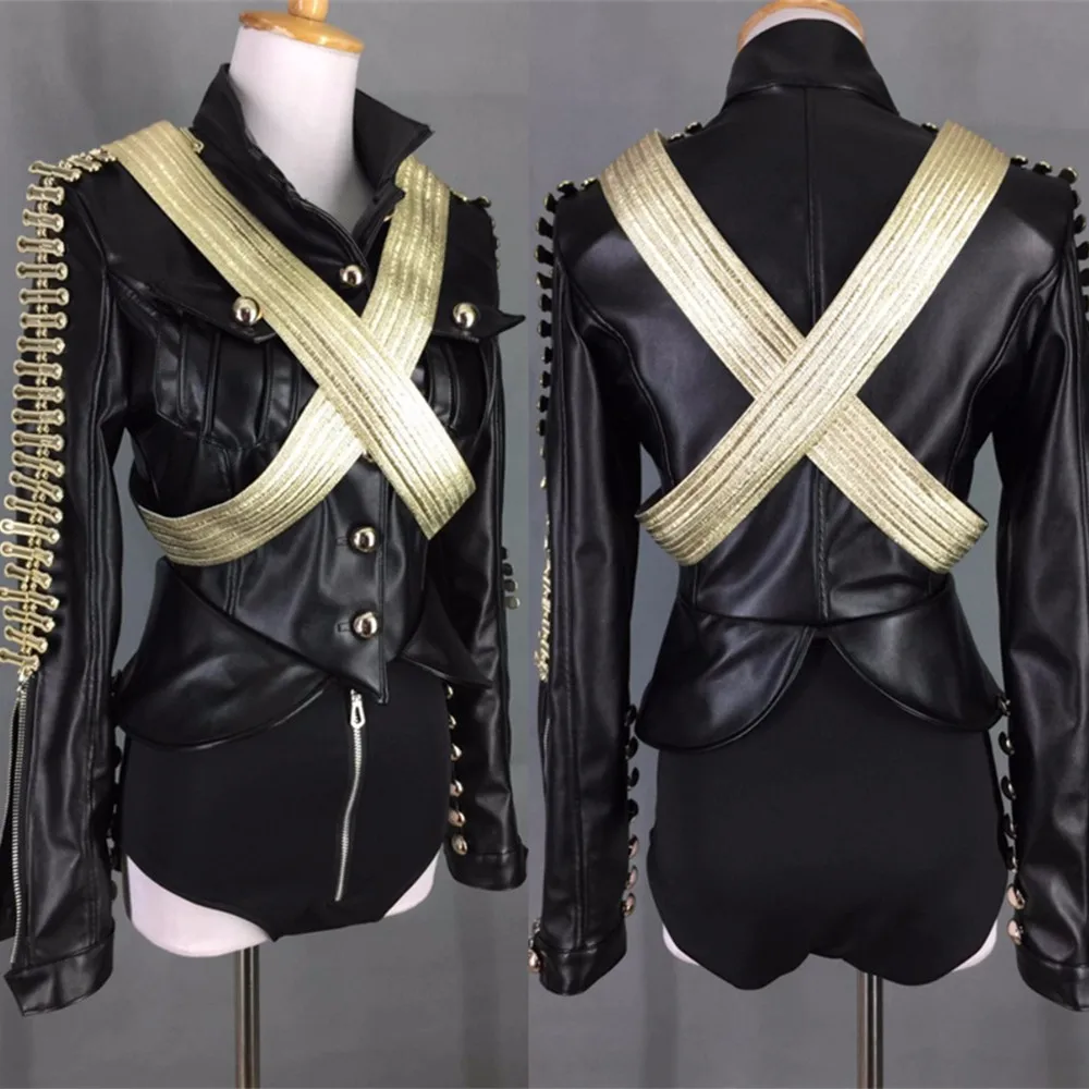 

Черная кожаная куртка с заклепками и шортами, комплект для женщин, певица, концерт, танцевальный костюм, карнавальный костюм для вечеринки, фестиваля, сценическая одежда