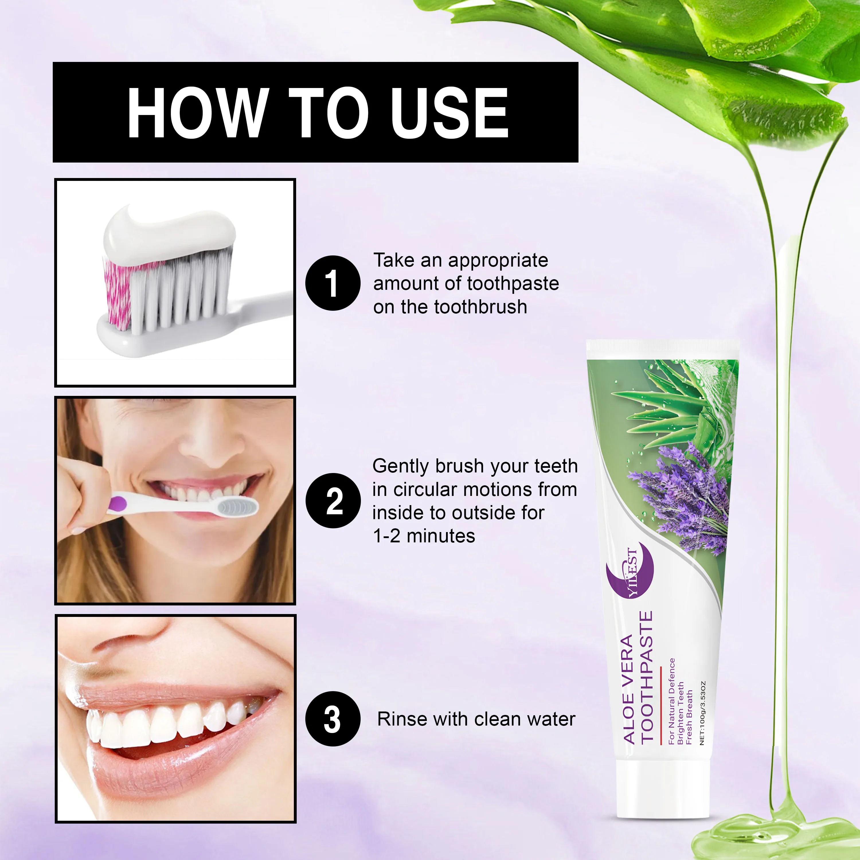 100g Aloe Vera & Lavender Night - YILEST Toothpaste for Deep Cleaning, Fresh Breath, Whitening Teeth, Gum Care, Lavender Scent