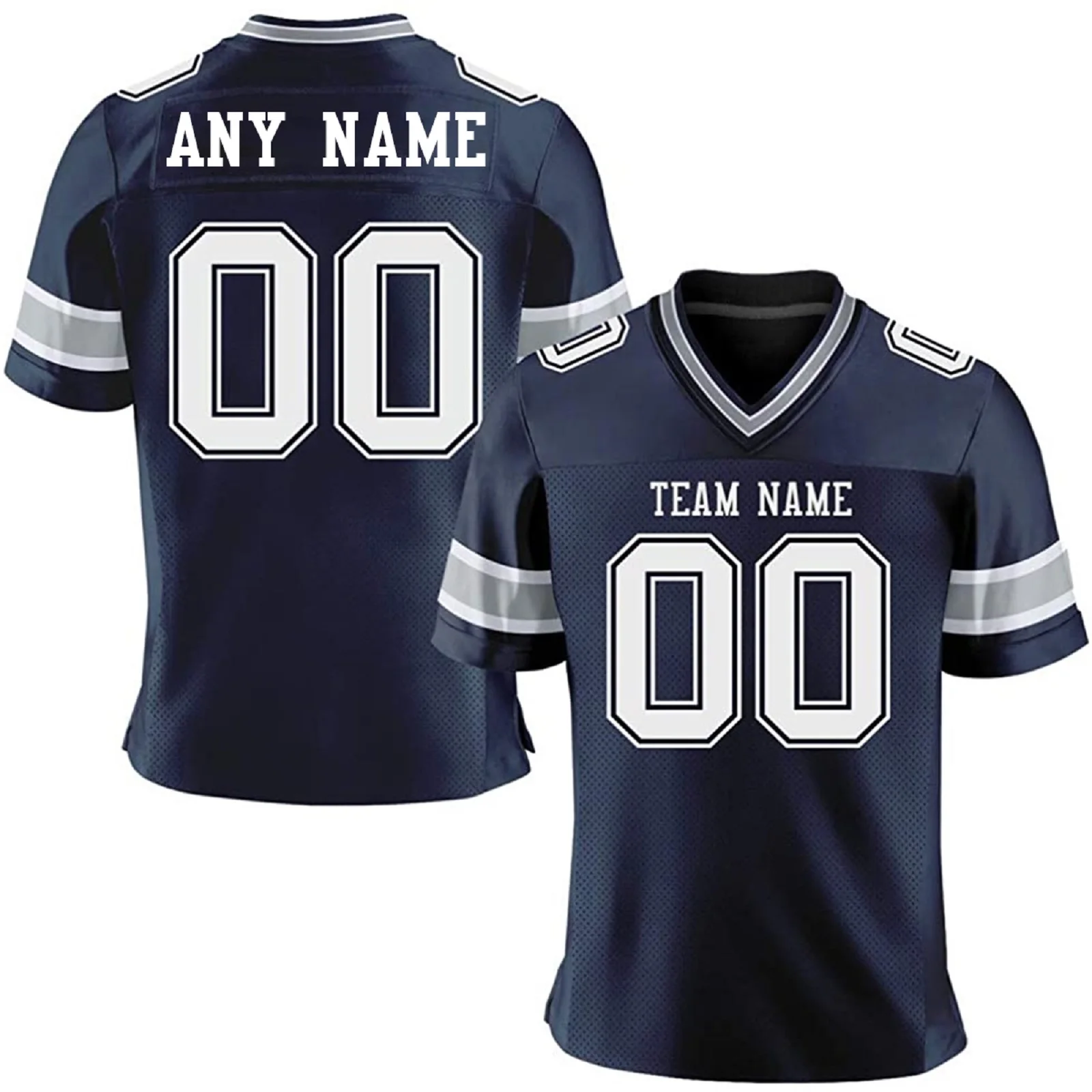 American-Football-Trikot, individuelles marineblaues weiß-graues Trikot, personalisierbar, bedruckt, Teamname und Nummer, schnell trocknendes American-Football-Trikot