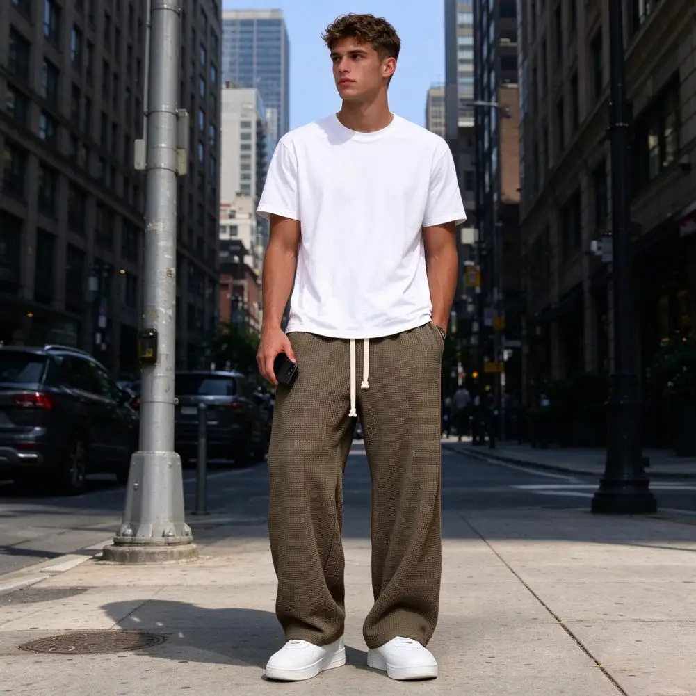 Comfortable Elastic Waist Pants Men's Waffle Baggy Trousers Wide Leg Drawstring Waist Slacks Loose Fit Casual for Travel