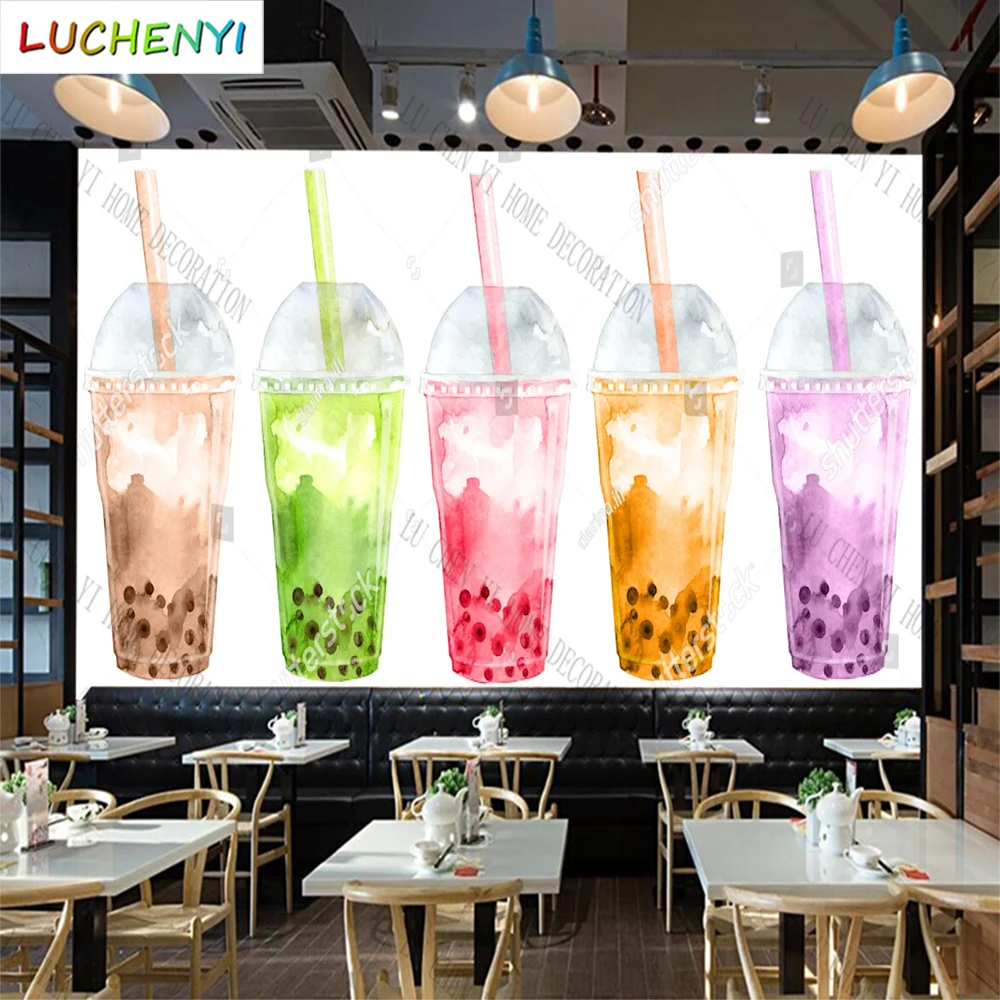 

Custom colorful bubble tea boba mural wallpaper restaurant cold drinking shop dining room wall papers home decor sticker