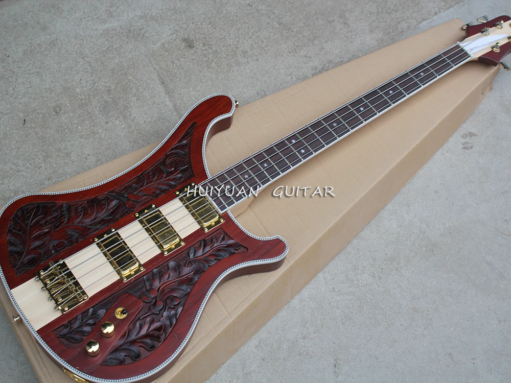 4 Strings Matte Red-brown Neck-thru-body Electric Bass with 3 Pickups,Rosewood Fretboard,Numerical Control Engraving Pattern