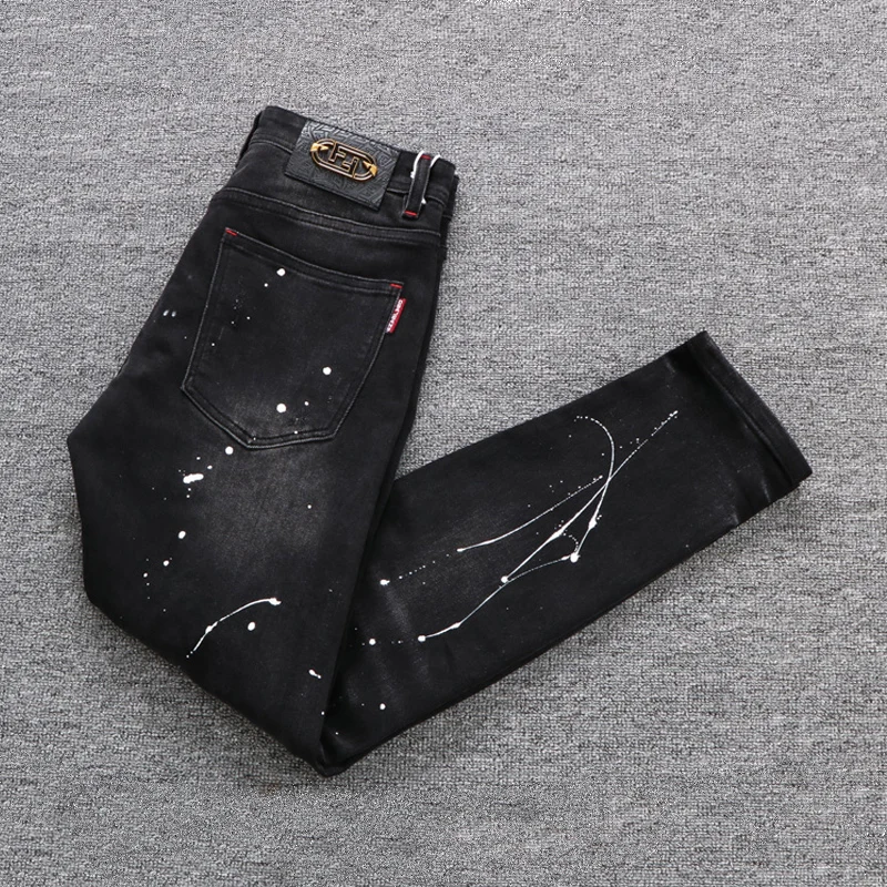High Street Fashion Men Jeans Retro Black Gray Elastic Slim Ripped Jeans Men Painted Designer Hip Hop Stretch Denim Pants Hombre
