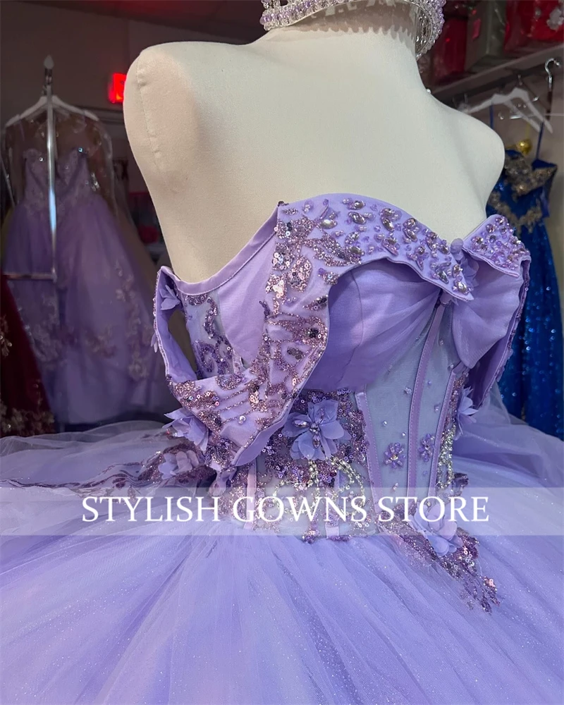 Purple Off The Shoulder 3D Flowers Quinceanera Dresses Ball Gown Beaded Appliques 2024 Birthday Luxury Dress Tiered Formal Gown