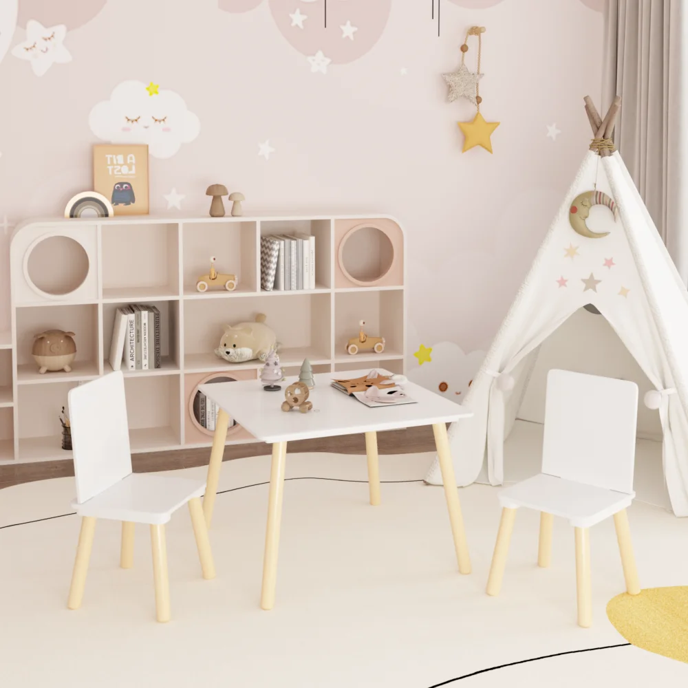 Orraves Kids Table and 2 Chairs Set, 3 Pieces Toddler Table and Chair Set, Wooden Activity Play Table Set (White) view 4