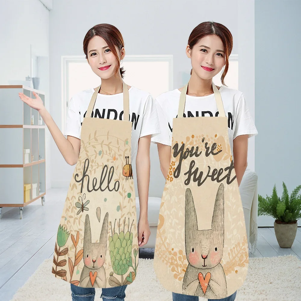 Cartoon Rabbit Pattern Style Cotton Linen Sleeveless Apron Modern Minimalist Apron Garden Outdoor Apron Fashion Kitchen Apron