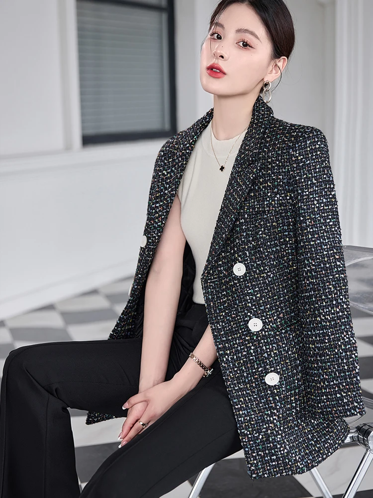 Pink Women tweed Suit Blazer 2023 Fall winter Large size Double breasted Ladies jacket Multicolour Luxury Clothing INKEO 3O100