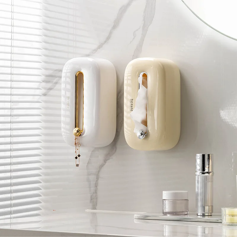 Cream Wind Washcloth Organizer Bathroom Wall-Mounted No-Punch Extraction Box Waterproof Tissue Box