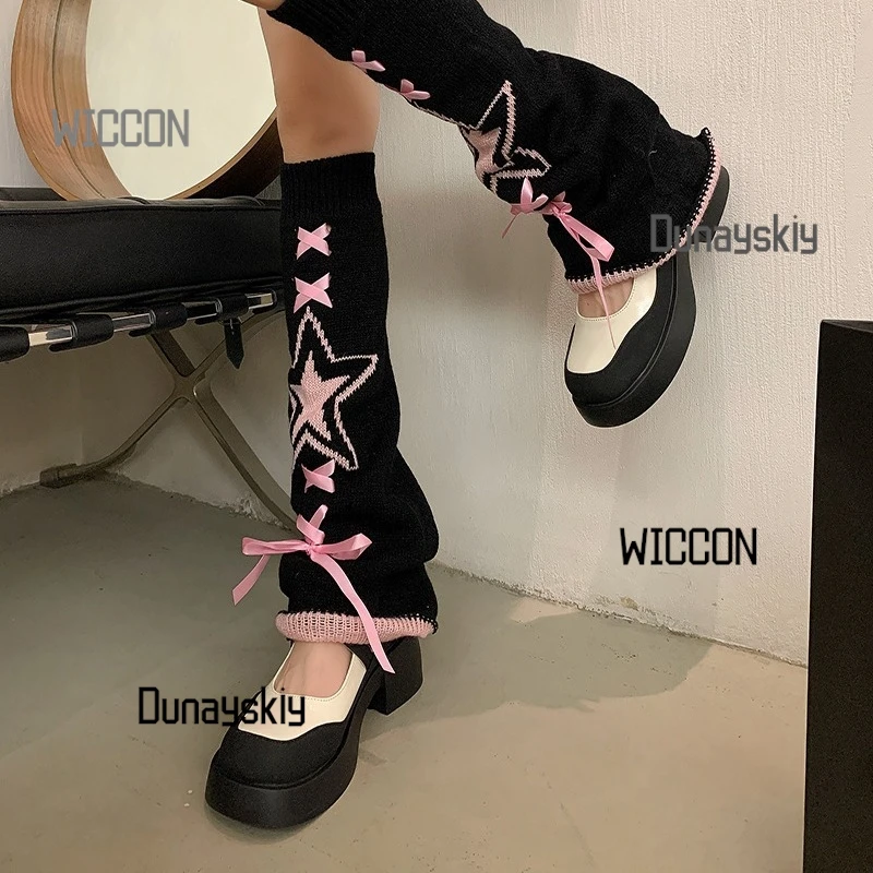 Y2K Star Print Leg Warmers - Black/White/Pink Kawaii Socks for JK Lolita Fashion Adjustable Ribbon Tie Christmas Halloween Gift