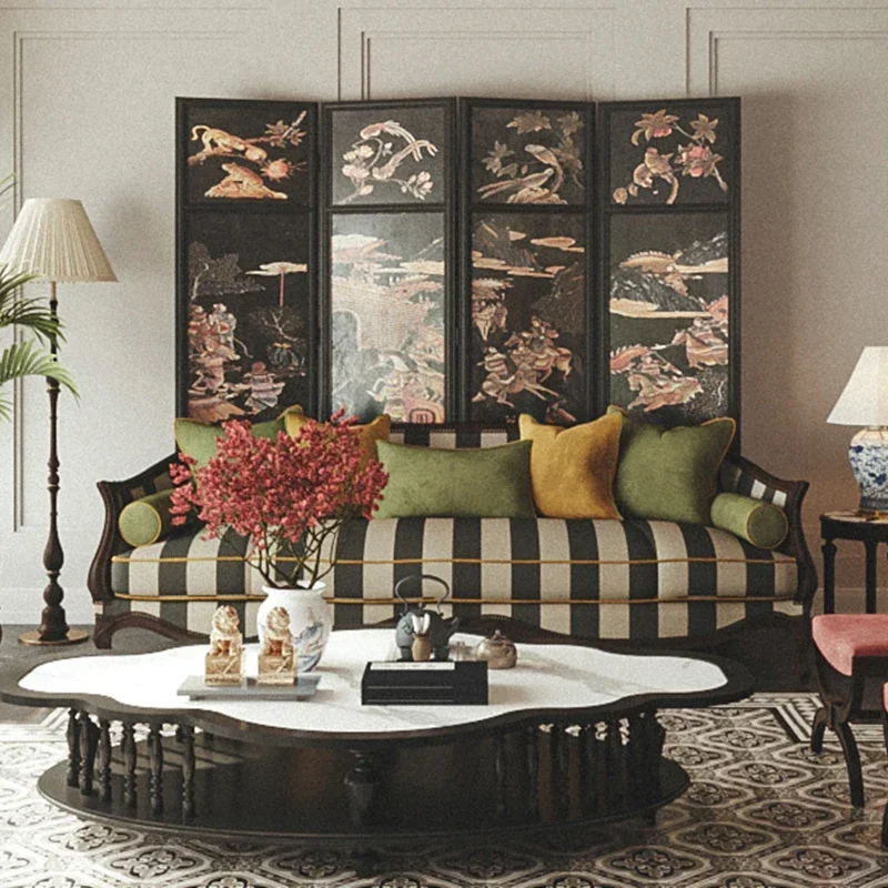 Black striped American three-person sofa French retro solid wood sofa