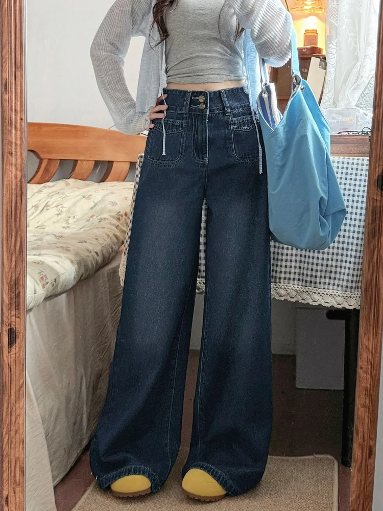 

Ретро-джинсы с широкими штанинами, синие, женские, свободного кроя, прямого кроя, с эффектом стройности, драпированные, осенние, новинка, большие размеры