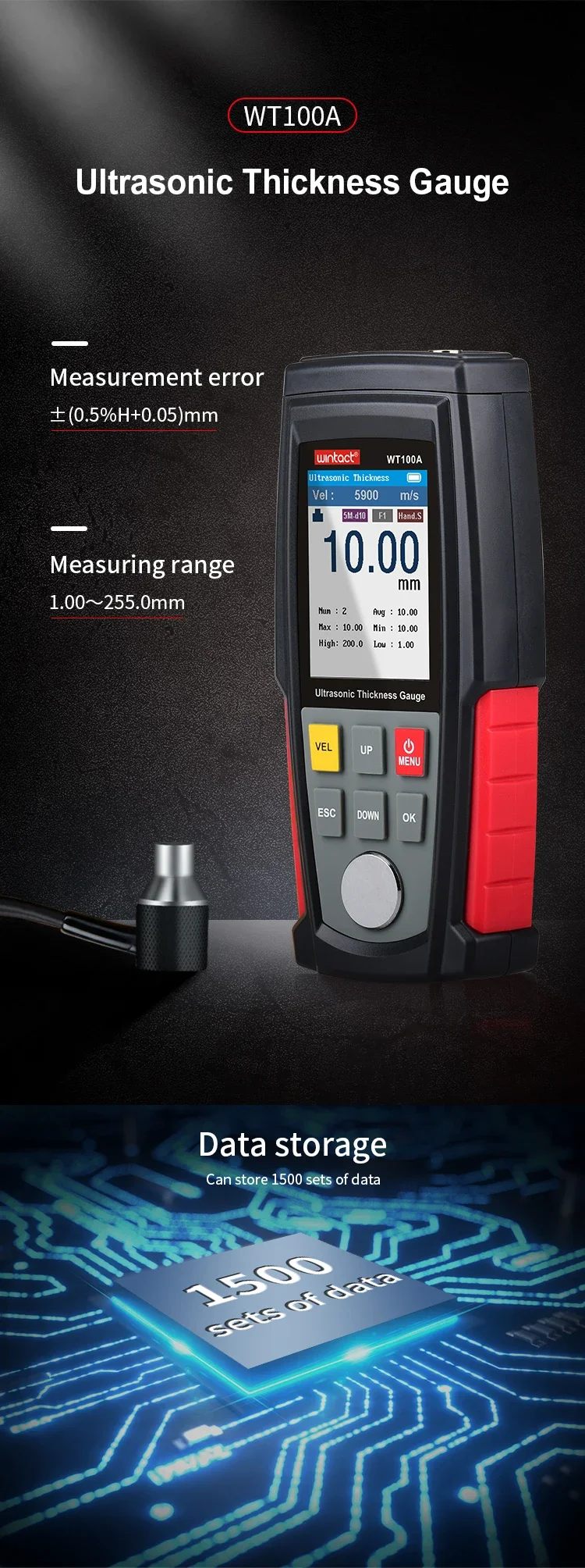 2026 SELL WT100A Digital Ultrasonic Thickness Gauge Measuring Range 0.039 to 8.85 In/1 to 225mm in with Probe