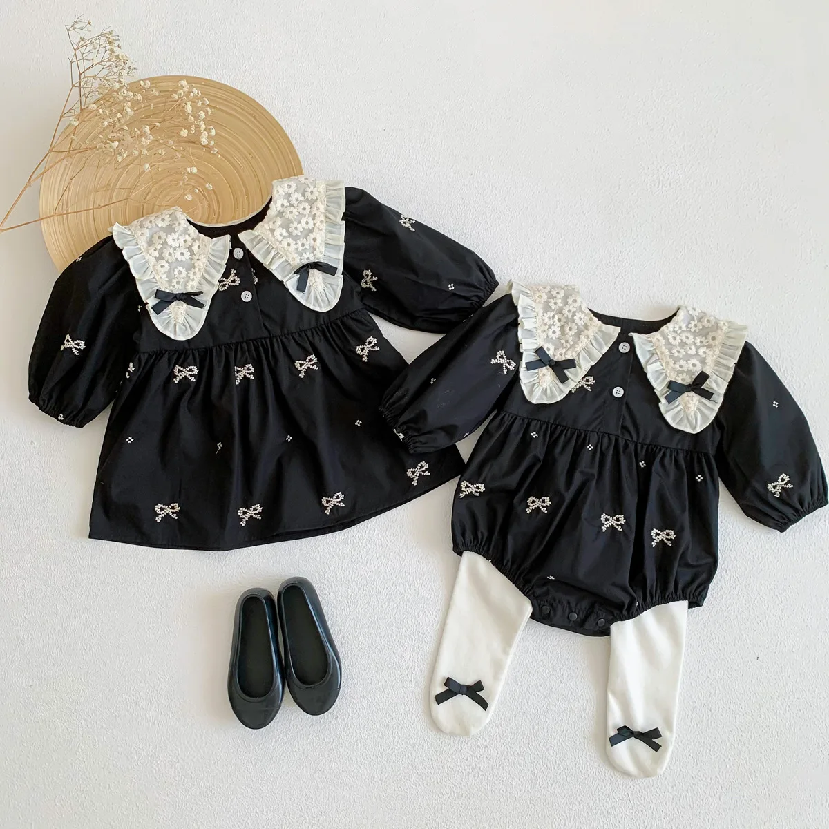 1701-1 Baby Girl Clothes Sister Clothes Spring and Autumn Butterfly Collar Baby Girl One Piece Clothes Or Embroidery Dress