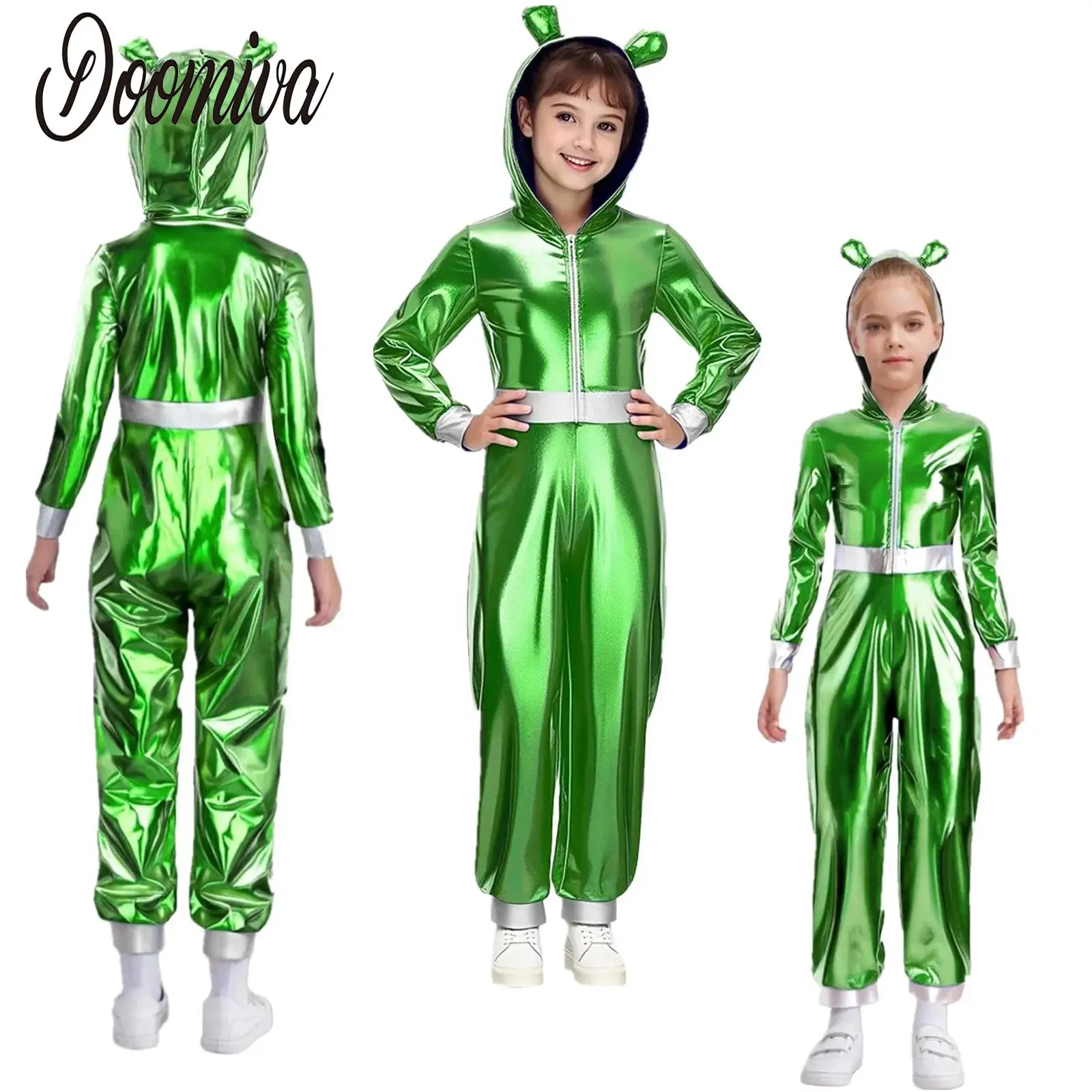 

Kids Girls Alien Costume Halloween Costume Metallic Long Sleeve Zipper Alien Outfit Jumpsuit for Fancy Dress Alien Theme Party
