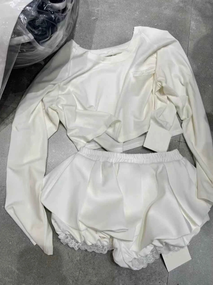 Summer Off Shoulder Fashion Outfit Solid Set Women Y2k Long-sleeve T-shirt + Bubble Short Skirt Suit Harajuku Casual 2-piece Set