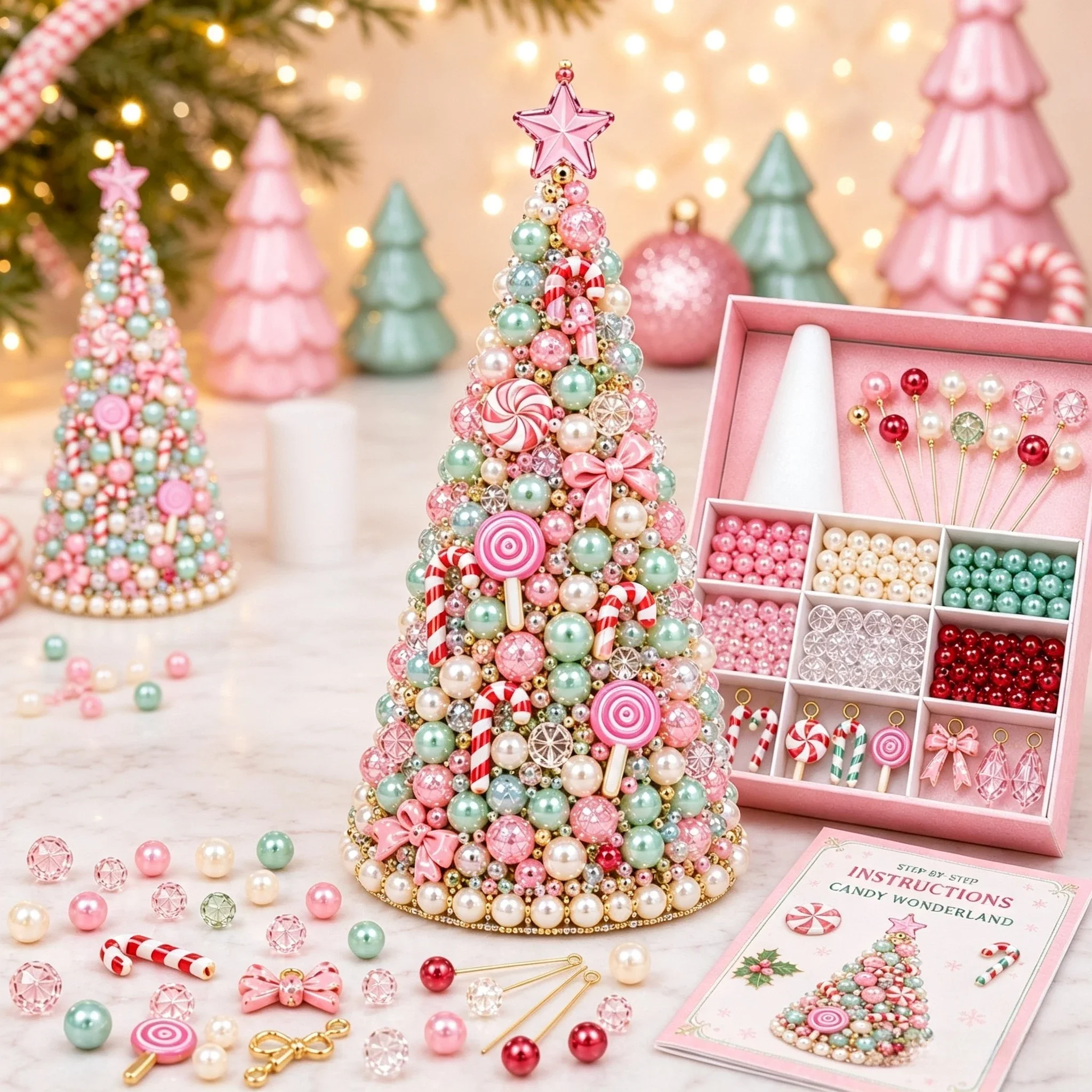 Weihnachtsbaum-Bastelset mit Perlen, kleiner Baum mit Kristallperlen und Engel-Ornament, handgefertigte Weihnachtsdekoration für den Tisch zu Hause. – Detail 6