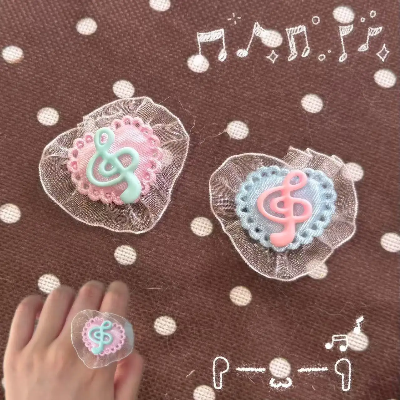 Subculture Vintage Music Note Tulle Ring Heart Cute Handmade Sweet Ring Girlish Ins Japanese Lace Finger Ring