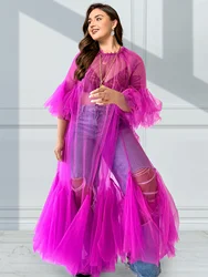 Plus Size abito da donna manica a petalo maglia sottile Sexy elegante abito con orlo a volant girocollo abito trasparente in Tulle pieghettato 2024