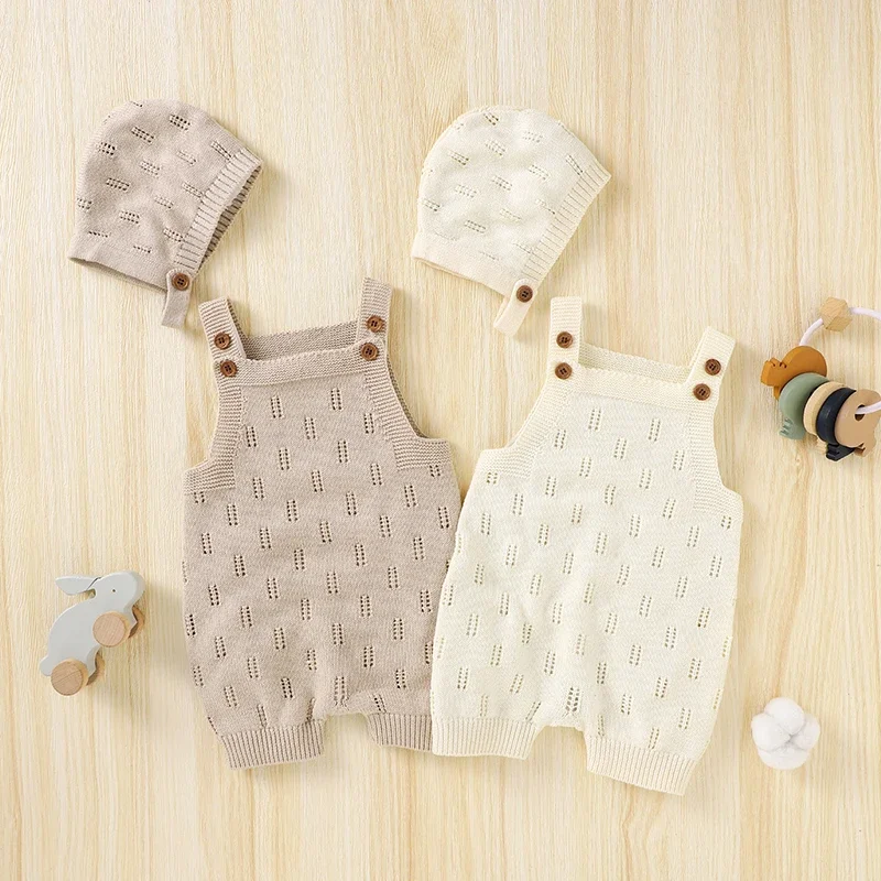 Baby Romper Cotton Knitted Newborn Boy Girl Jumpsuit Outfit Sleeveless Summer Infant Toddler Hollow Out Clothing Hat 2PC Onesies